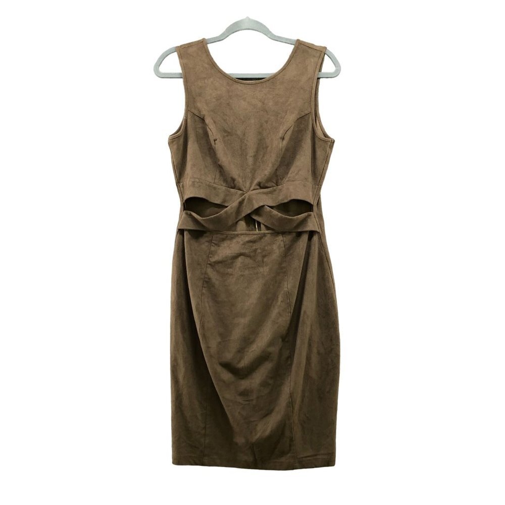 Guess Sleeveless Bodycon Dress Size L Faux Suede Stretch‎ Cutout Waist Tan Brown